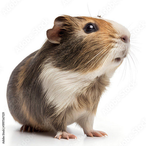 Cute guinea pig, brown and white furry animal, pet portrait, small mammal, domesticated rodent isolated on White Background