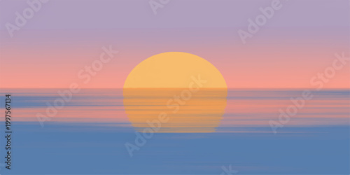 A minimalist and serene image of the sun setting over an expanse of the ocean, a moment of tranquility. 