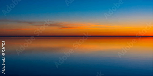 A breathtaking moment as the sky and water blend harmoniously, painted with vibrant hues during sunrise or sunset. The tranquil scene evokes a sense of peace and serenity.