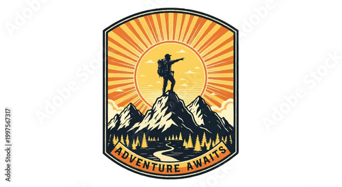 Hiker standing atop mountain peak adventure illustration