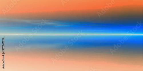 An abstract landscape painting with sky, water and land. The color range from orange to blue, create sense of harmony and tranquility.