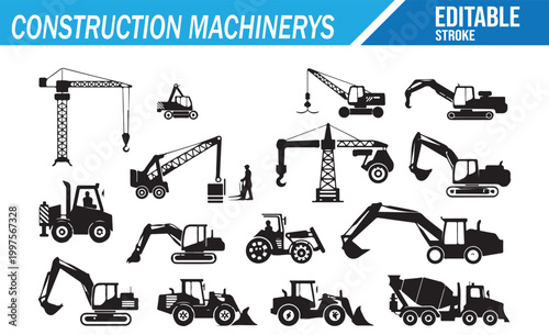 Construction Vehicle Icon Set with Bulldozer Loader and Crane