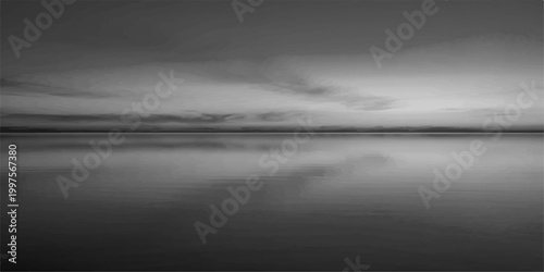 Tranquil black and white seascape, the calm ocean mirrors the overcast sky, forming a seamless horizon that evokes a sense of serenity.