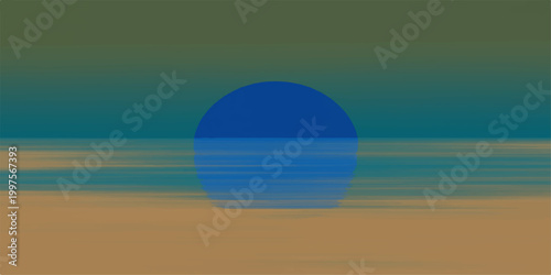The vibrant minimalist scene depicts a bold blue sphere against the background of the sea and land, where the sky is gradually changing colors. 