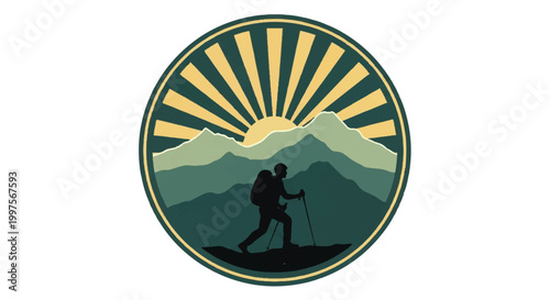 Hiking silhouette emblem mountain landscape with sun and person