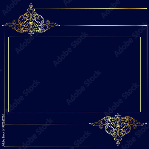 A luxurious dark blue background with elegant gold designs and borders