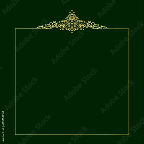 A dark green background with a gold ornate design and border