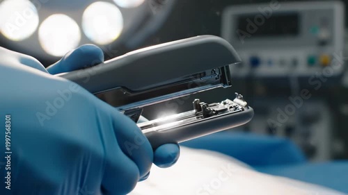 Medical Stapler Under Surgical Lights, Close-up of Surgical Procedure in a Hospital Setting