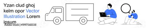 Logistics, delivery services, remote work, data analysis, e-commerce solutions, communication. A delivery truck with two people using a laptop and magnifying glass. Logistics and delivery services