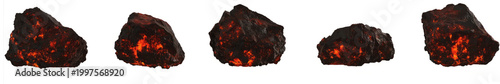 volcanic rock formations, each glowing with internal heat, are presented against a transparent backdrop