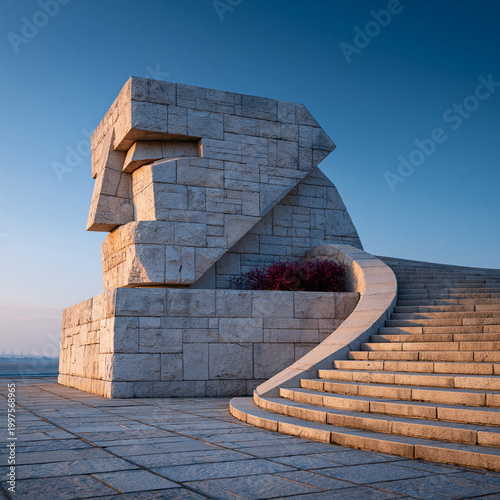 Modern stone architectural structure with curved staircase