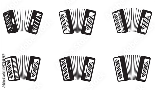 Accordion musical instrument silhouettes set for folk and concert themes