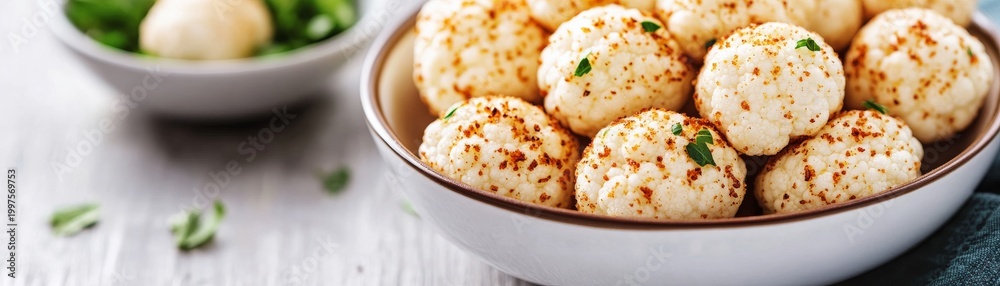 Fototapeta premium Bright close-up of seasoned cauliflower florets in a rustic white bowl, garnished with paprika and fresh herbs. Appetizing, healthy vegan snack or side dish on a wooden table.