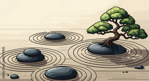 A serene illustration of a bonsai tree on a stone surrounded by concentric ripples with additional stones in a peaceful sandy area evoking a sense of yoga and harmony.