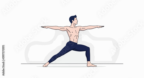 A man in a warrior yoga pose with arms outstretched and legs apart on a mat against a white background.