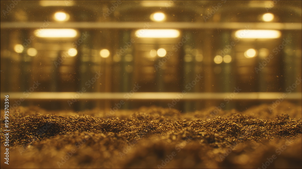 Fototapeta premium Golden grains filling a large industrial storage facility, reflecting warm light from overhead lamps as dust particles float in the air, creating an atmosphere of farming and abundance