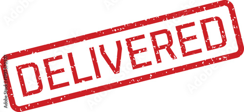 Bright red textured rubber stamp with the word DELIVERED angled across a pure white surface