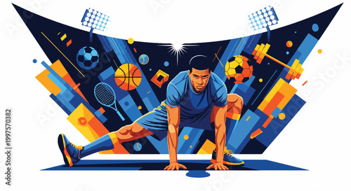 A muscular man in a blue outfit performing a yoga pose with various sports equipment and abstract shapes in a vibrant, dynamic illustration with a mix of blue, orange, and yellow hues,