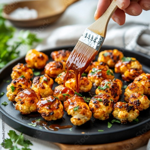Close-up of a hand using a brush to baste golden-brown roasted cauliflower florets with a rich, glossy BBQ sauce on a dark plate. Perfect vegan appetizer or healthy finger food.,