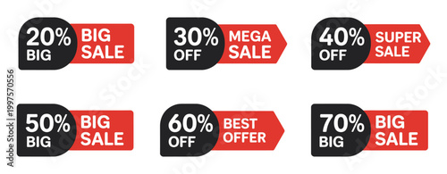 Red and black sale banner and badge vector set, price labels, 20% 30% 40% 50% 60% 70 percent discount stickers, big sale