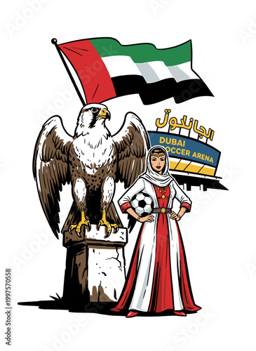 Emirati woman football player with UAE flag and falcon mascot, Dubai soccer arena theme, graphic vector illustration for national sports events