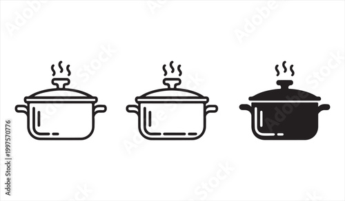 Collection of cookware pot icons in minimal black silhouette and outline style