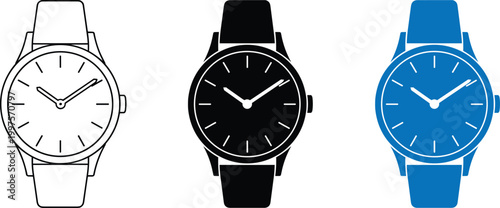 Elegant wristwatch vector set black white and blue timepiece designs