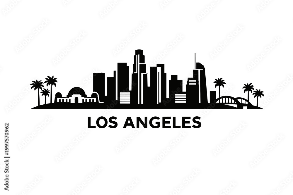 Fototapeta premium Los Angeles Skyline Vector With Modern Downtown Silhouette Palm Trees and Minimal Black California Cityscape Illustration