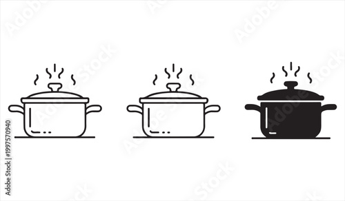 Cooking pot silhouettes set with steam for kitchen and food preparation concepts
