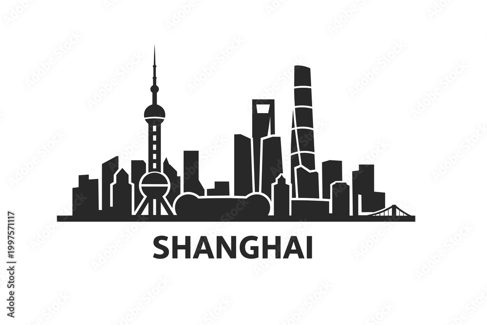 Fototapeta premium Shanghai China Skyline Silhouette, Pudong Skyscrapers Oriental Pearl Tower and Shanghai Tower, Modern Asian Financial City Vector