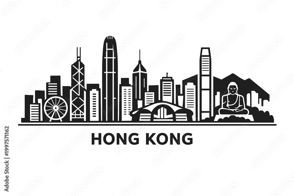 Obraz premium Hong Kong Skyline Silhouette with Name, Minimal Black Cityscape with Landmarks on White Background
