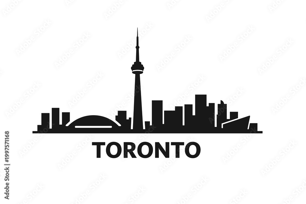 Fototapeta premium Toronto Canada Skyline Silhouette, CN Tower and Modern Cityscape Landmarks, Minimal Black Urban Travel Vector