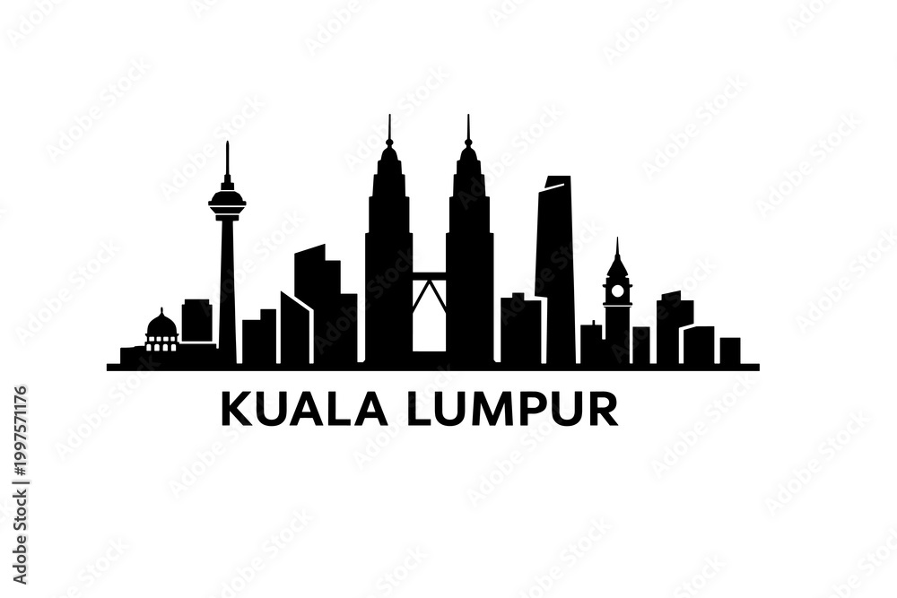 Obraz premium Kuala Lumpur Skyline Silhouette with Name, Minimal Black Cityscape with Landmarks on White Background