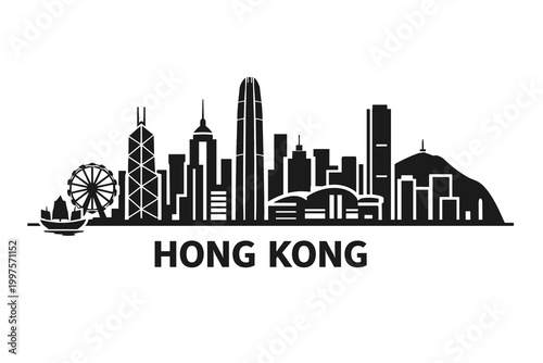 Hong Kong Skyline Silhouette, Dense Urban Skyscrapers and Victoria Harbour Landmarks, Modern Asian Financial City Vector
