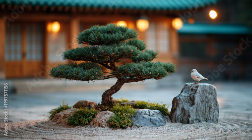 Minimal bonsai tree with bird in zen garden