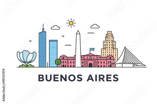 Buenos Aires Skyline Illustration with Name, Minimal Flat Cityscape with Landmarks on White Background