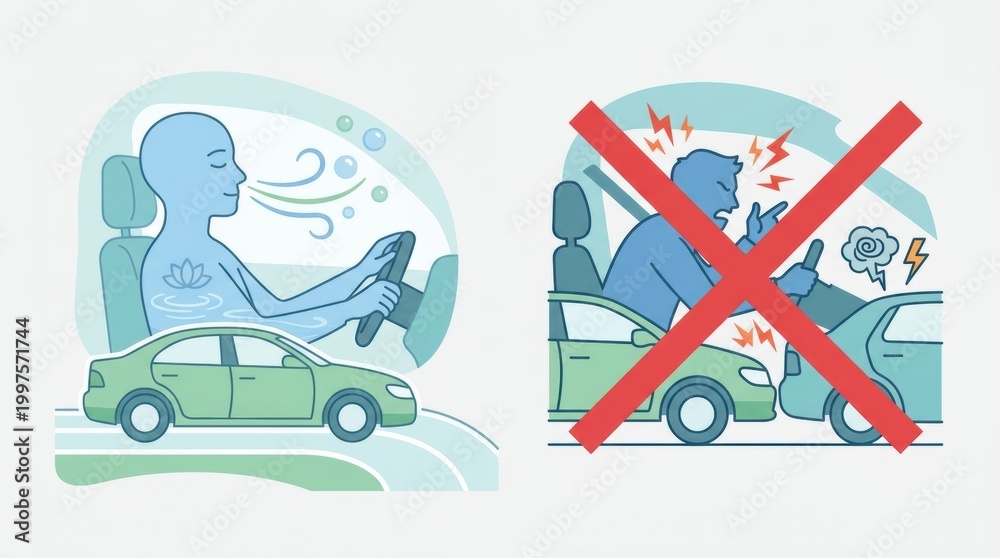 Fototapeta premium Road Safety Themes Show Calm Driver Relaxing While Another Driver Shows Stress and Frustration in Traffic Situations