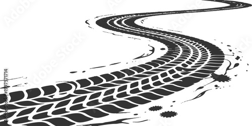 Curved grunge tire tracks winding along a path abstract transportation element vector illustration design.