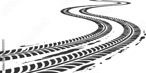 Curved grunge tire tracks winding along a path abstract transportation element vector illustration design.