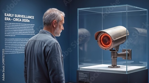 Museum visitor observing security camera in glass display case. Historical exhibit about early surveillance technology from the 2020s.