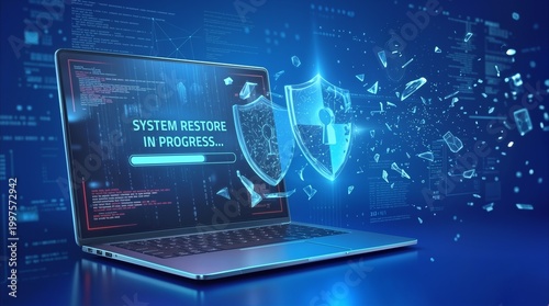 Laptop performing system restore with holographic security shields. Digital data recovery and cybersecurity protection concept.