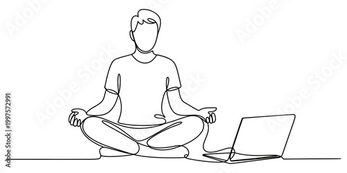 Continuous line drawing, meditating man, sitting with laptop, minimalist vector illustration