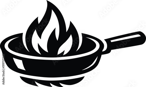Frying pan with flames silhouette on white background
