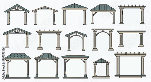 Collection of various wooden gazebo and pergola structures, outdoor garden pavilion and patio roof designs isolated on white.