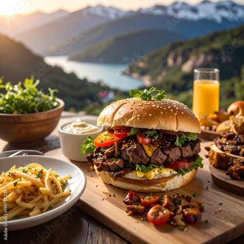 Gourmet Burger with Sides and Drinks Outdoors.
