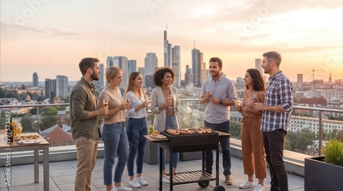 Friends enjoying rooftop barbecue party at sunset. Social gathering with city skyline view in Frankfurt, Germany. Diverse group of people celebrating and grilling food on terrace.