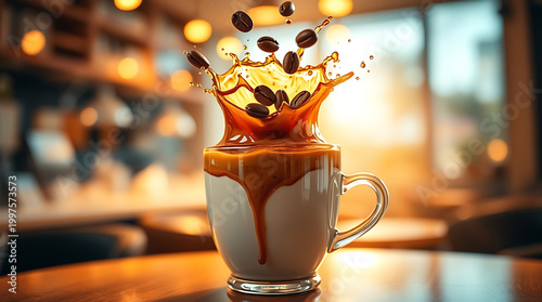 Roasted Coffee Beans Dropping into Cup – Elegant Espresso Scene with Warm Lighting
