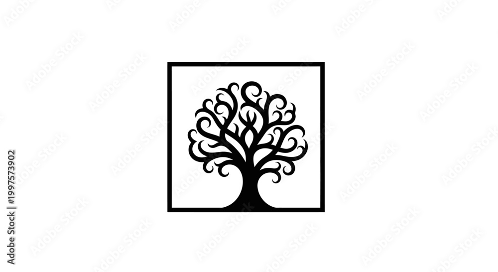 Obraz premium A stylized black tree silhouette in a square frame on white background.