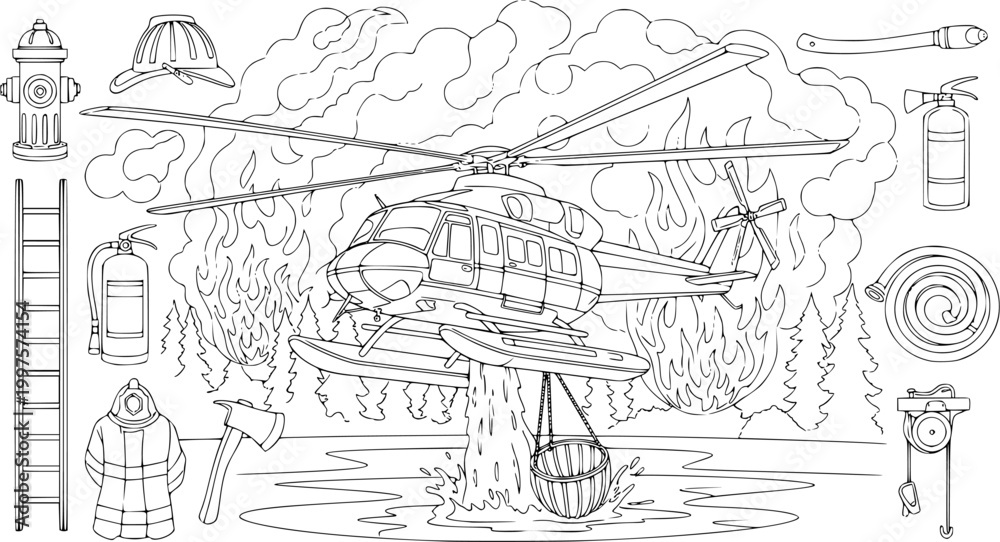 Fototapeta premium Firefighting Helicopter Coloring Page Illustration 