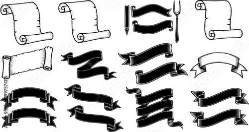 A scroll or banner parchment paper ribbon band in a vintage woodcut style
